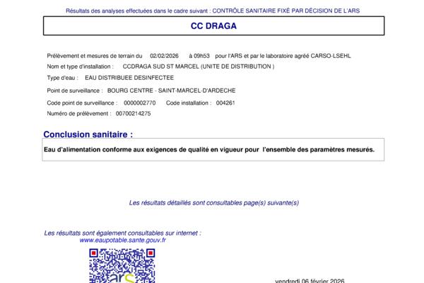 Résultats contrôle sanitaire